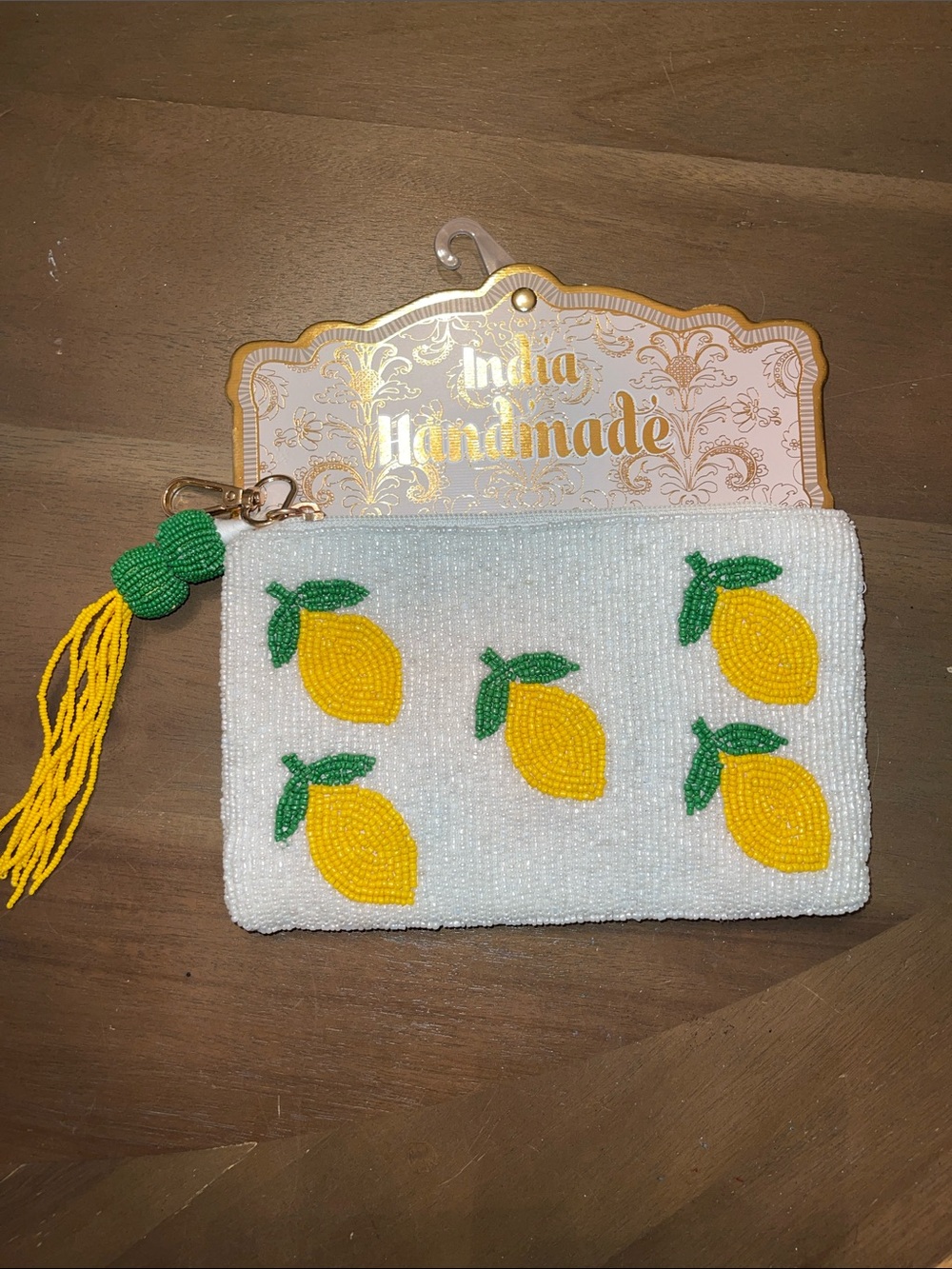 NEW Handmade Beaded Lemon zipper pouch with tassel - White, Yellow & Green